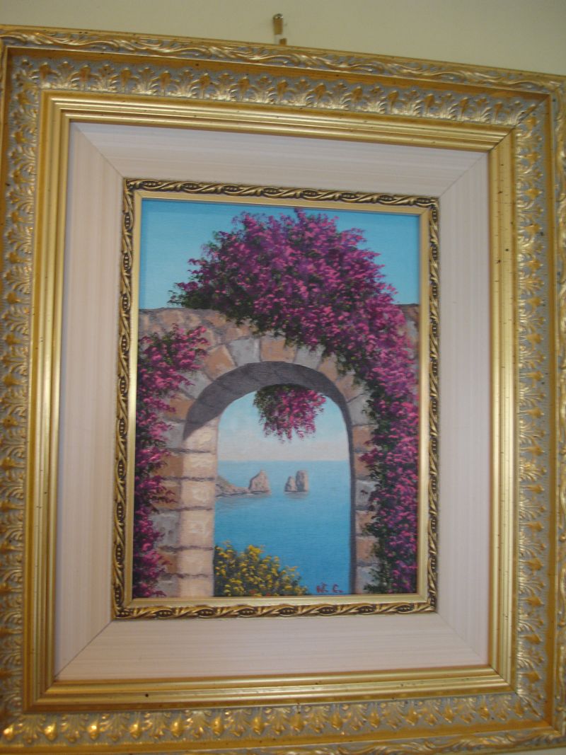 Mural of an archway with bougainvillea